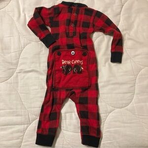 LAZY ONE Black Red Buffalo Plaid 6 Months Pajamas Warm Bodysuit Bear Cheeks Flap